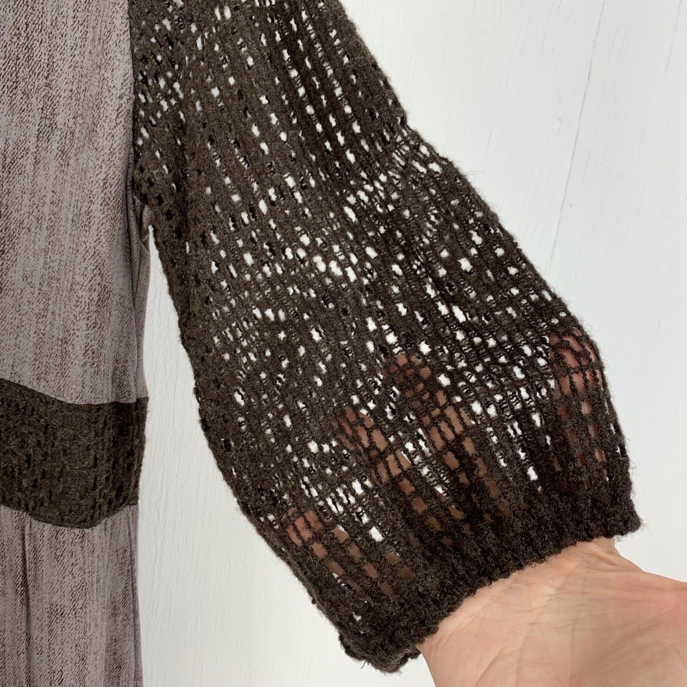Venus Boho Mixed Media Lace Up Dress Brown Damask Crochet Sleeve Whimsigoth - Picture 4 of 9